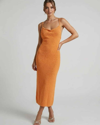 Valencia Midi Dress by Lauven – Orange spaghetti strap midi dress featuring elegant slim silhouette.