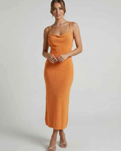 Valencia Midi Dress by Lauven - Orange spaghetti strap midi dress with elegant slim silhouette.