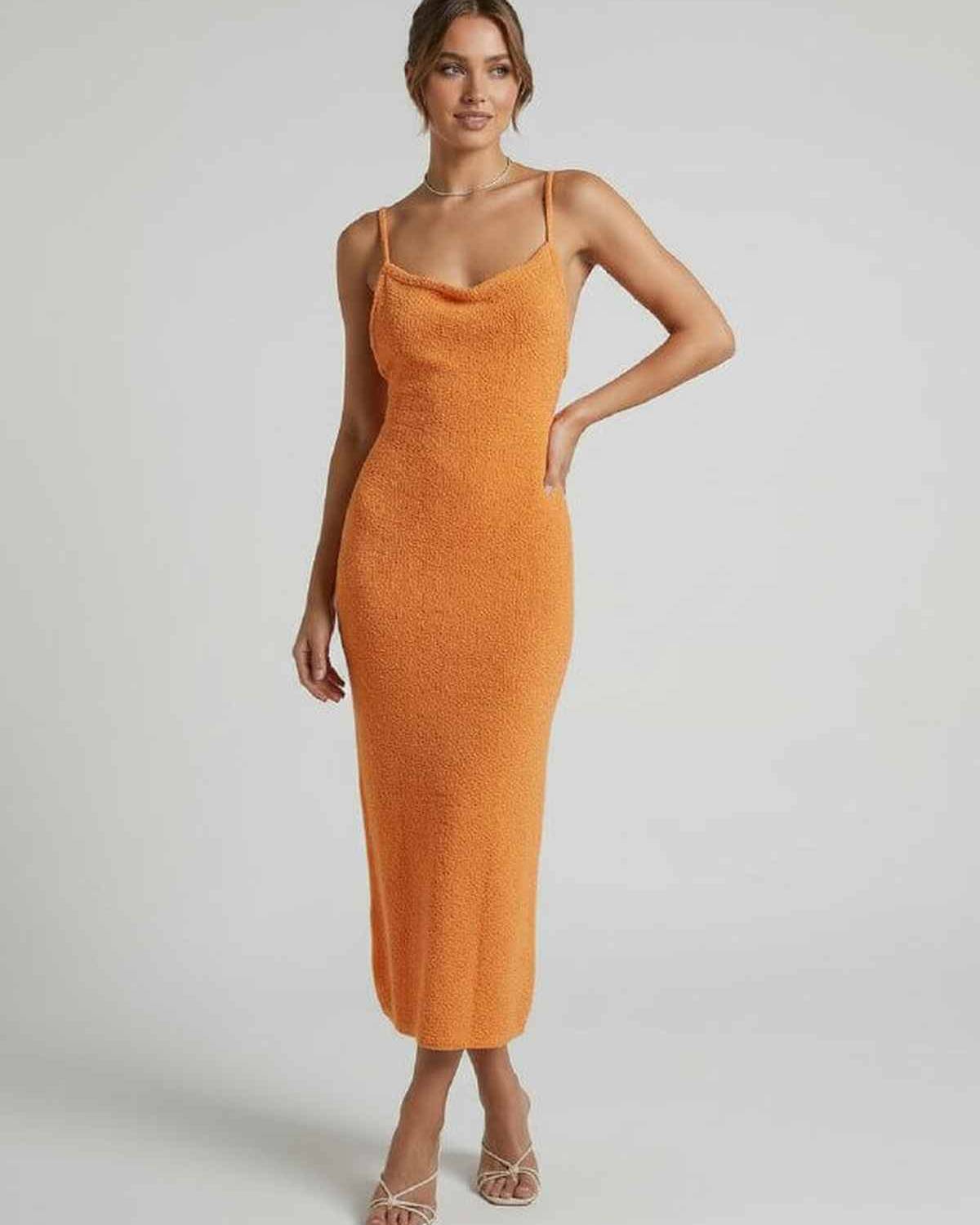 Valencia Midi Dress by Lauven - Orange Spaghetti Strap Dress with Slim Silhouette