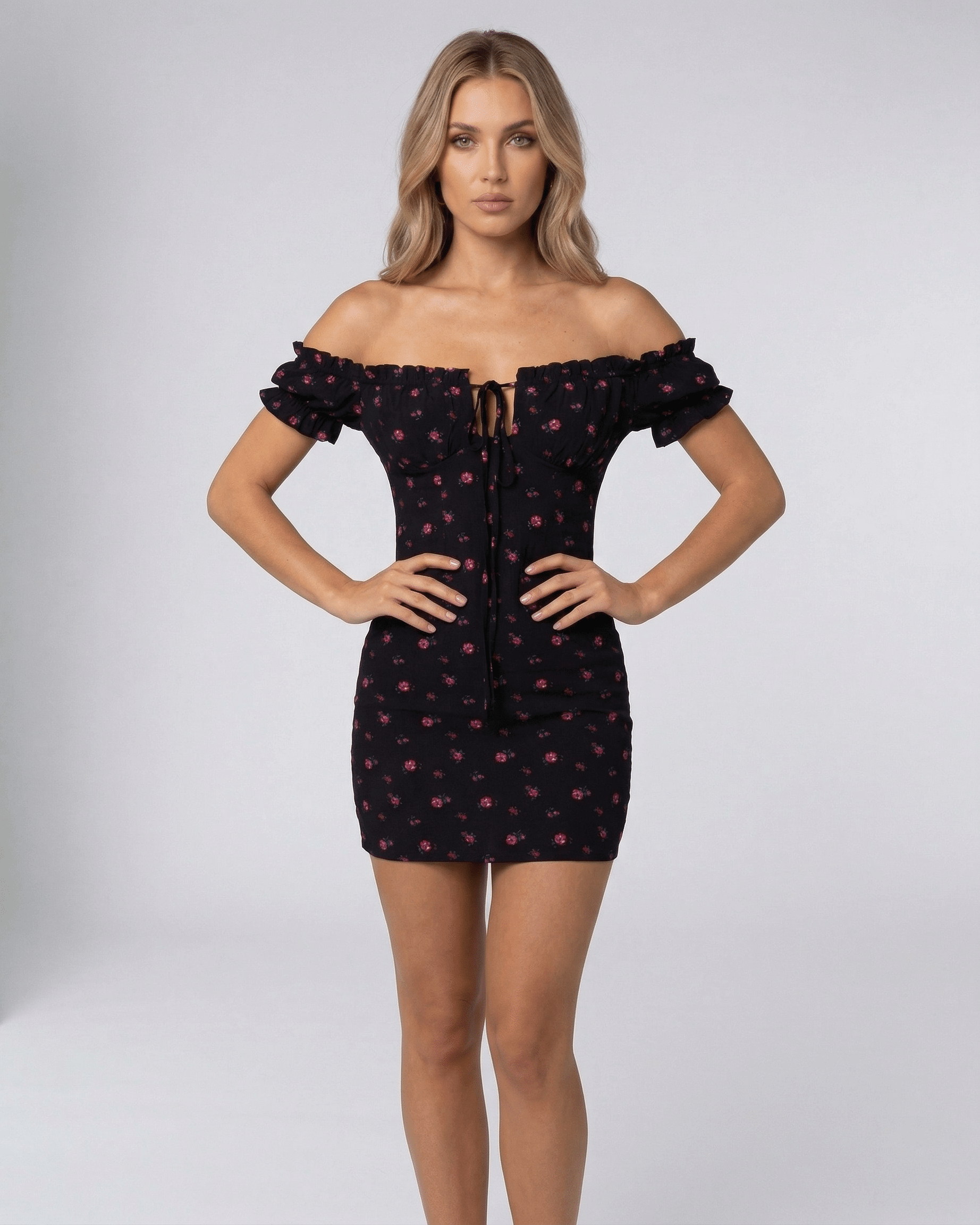 Valencia Mini Dress by Lauven – Black Floral Off Shoulder Dress with Short Sleeves and Fitted Silhouette