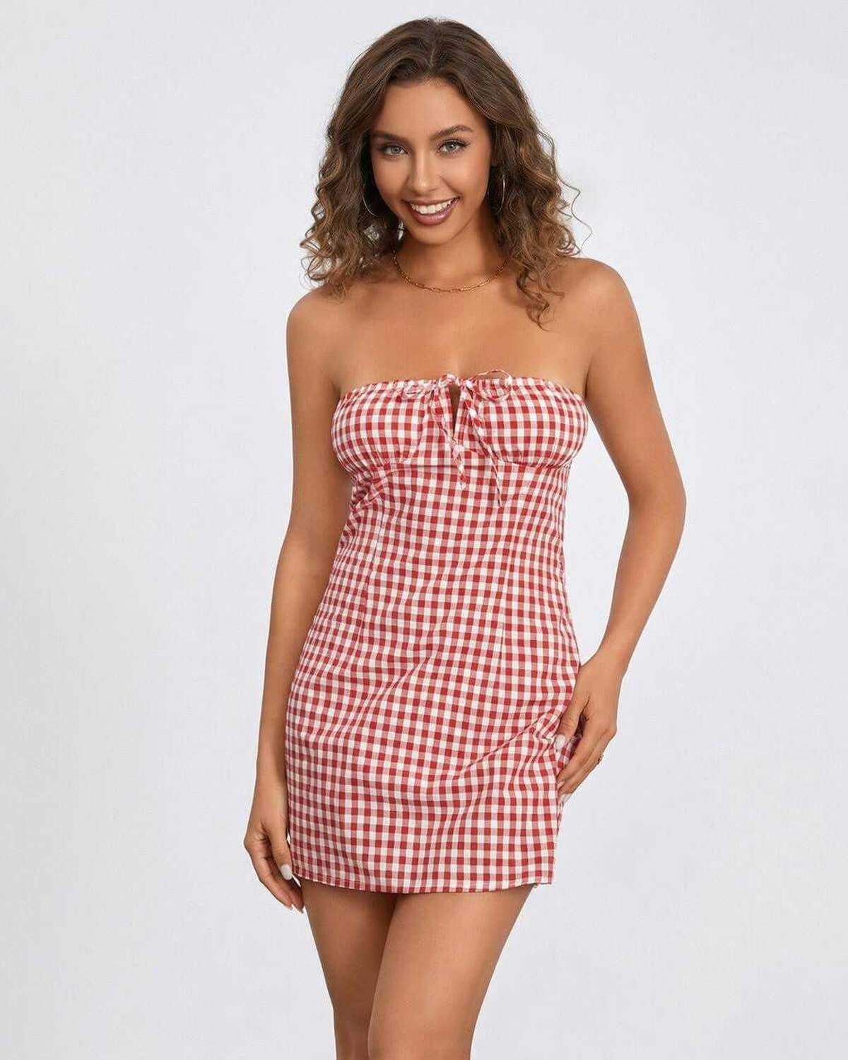 Valencia Mini Dress by Lauven - Elegant strapless red gingham summer dress for women.