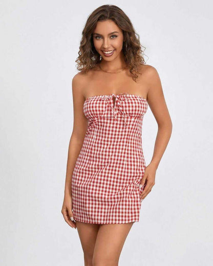 Valencia Mini Dress by Lauven - Elegant strapless red gingham summer dress for women.