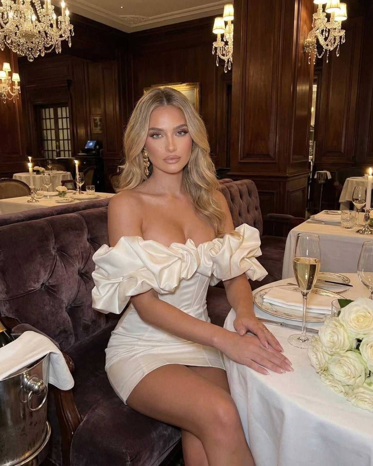 Valencia Mini Dress - White satin off shoulder dress with ruffle detailing, exuding elegance by Lauven.