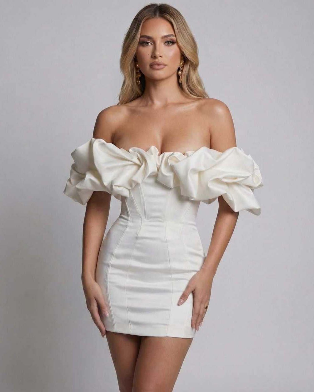 Valencia Mini Dress - White Satin Ruffle Off Shoulder Mini Dress by Lauven, showcasing a structured fit and elegant design.