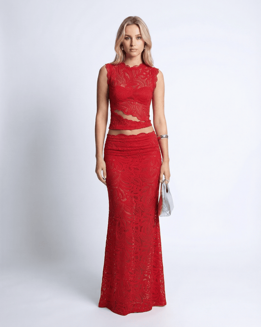 Valencia Set – Women’s Red Lace Two-Piece Set, featuring a sleeveless crop top and high-waisted maxi skirt by Lauven.