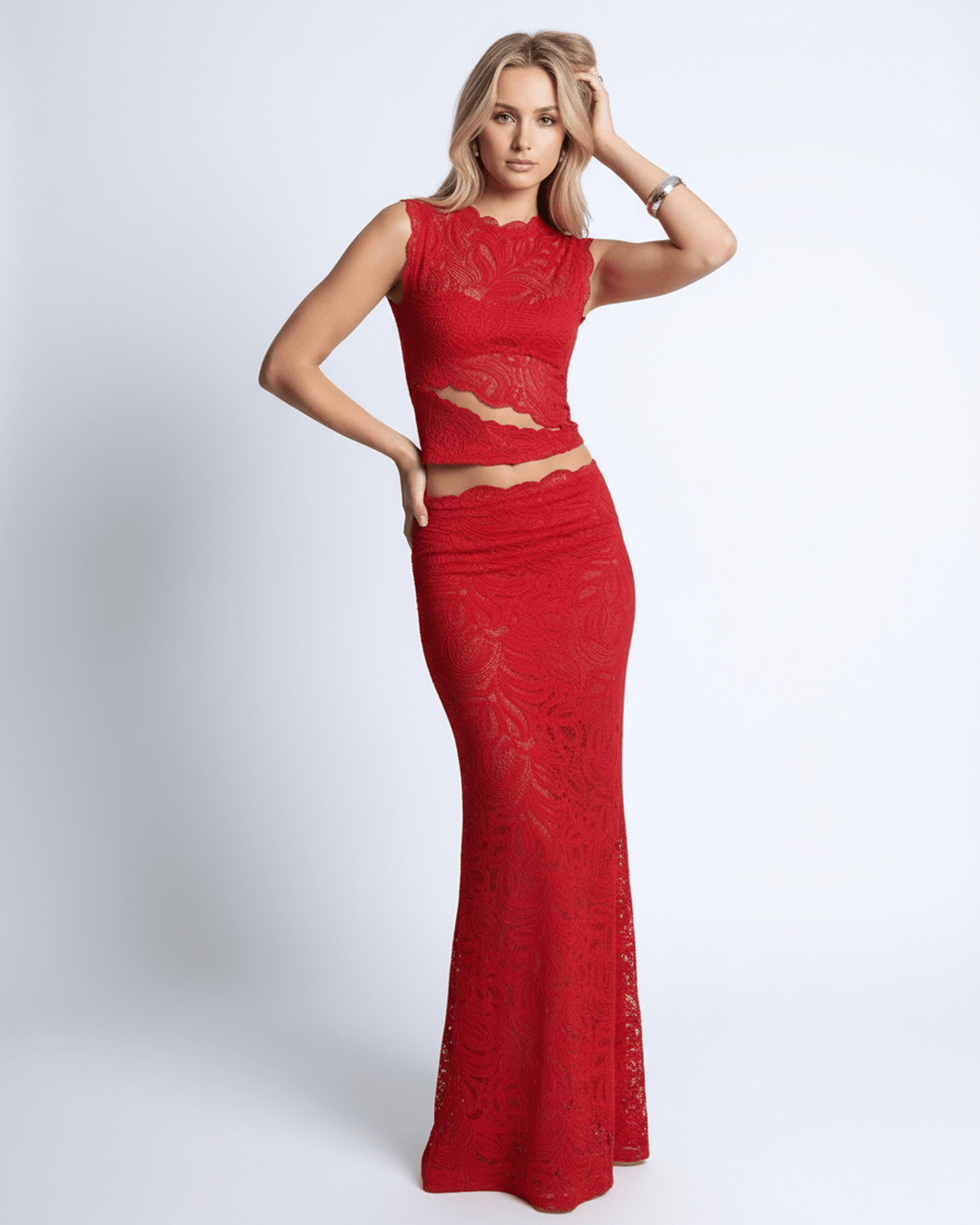 Valencia Set – Women’s red lace two-piece set by Lauven, featuring a sleeveless crop top and high-waisted maxi skirt.