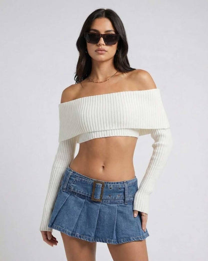 Valencia Top by Lauven – Women’s Off Shoulder Long Sleeve Crop Top styled with a denim skirt.