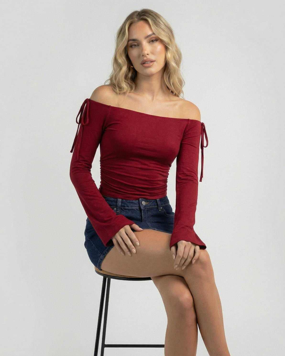 Valencia Top by Lauven, women's off-the-shoulder slim fit top in deep burgundy, featuring stylish sleeves.