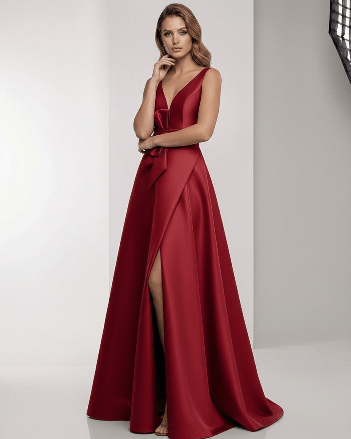 Valeria Maxi Dress - Satin A-Line Red Maxi Dress with V-Neck and Bow Detail by Lauven, perfect for formal occasions.