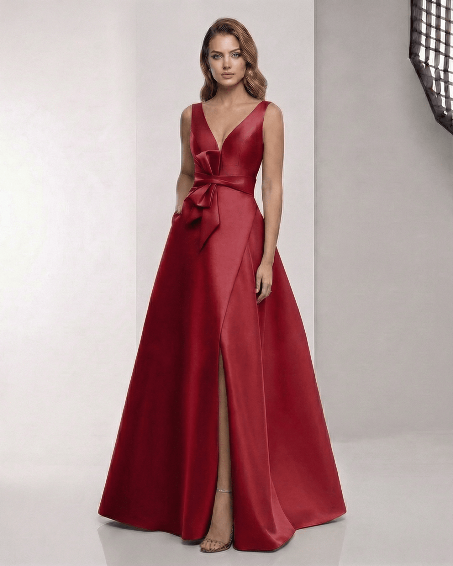 Valeria Maxi Dress – Satin A-Line Red Maxi Dress with V-Neck and Bow Detail by Lauven