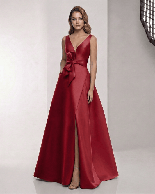 Valeria Maxi Dress – Satin A-Line Red Maxi Dress with V-Neck and Bow Detail by Lauven