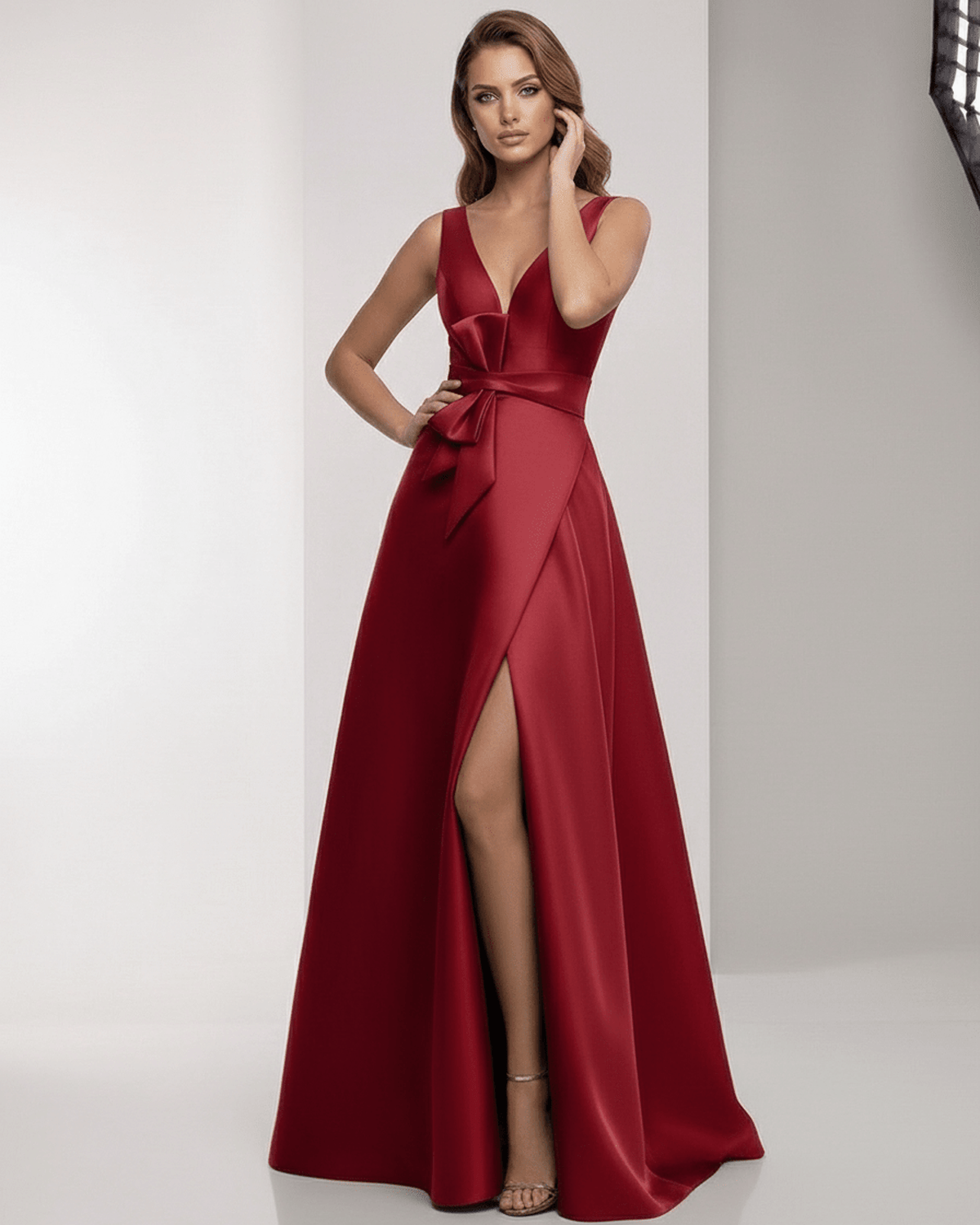 Valeria Maxi Dress – Elegant satin red A-Line dress with V-neck and bow detail, perfect for formal occasions, by Lauven.