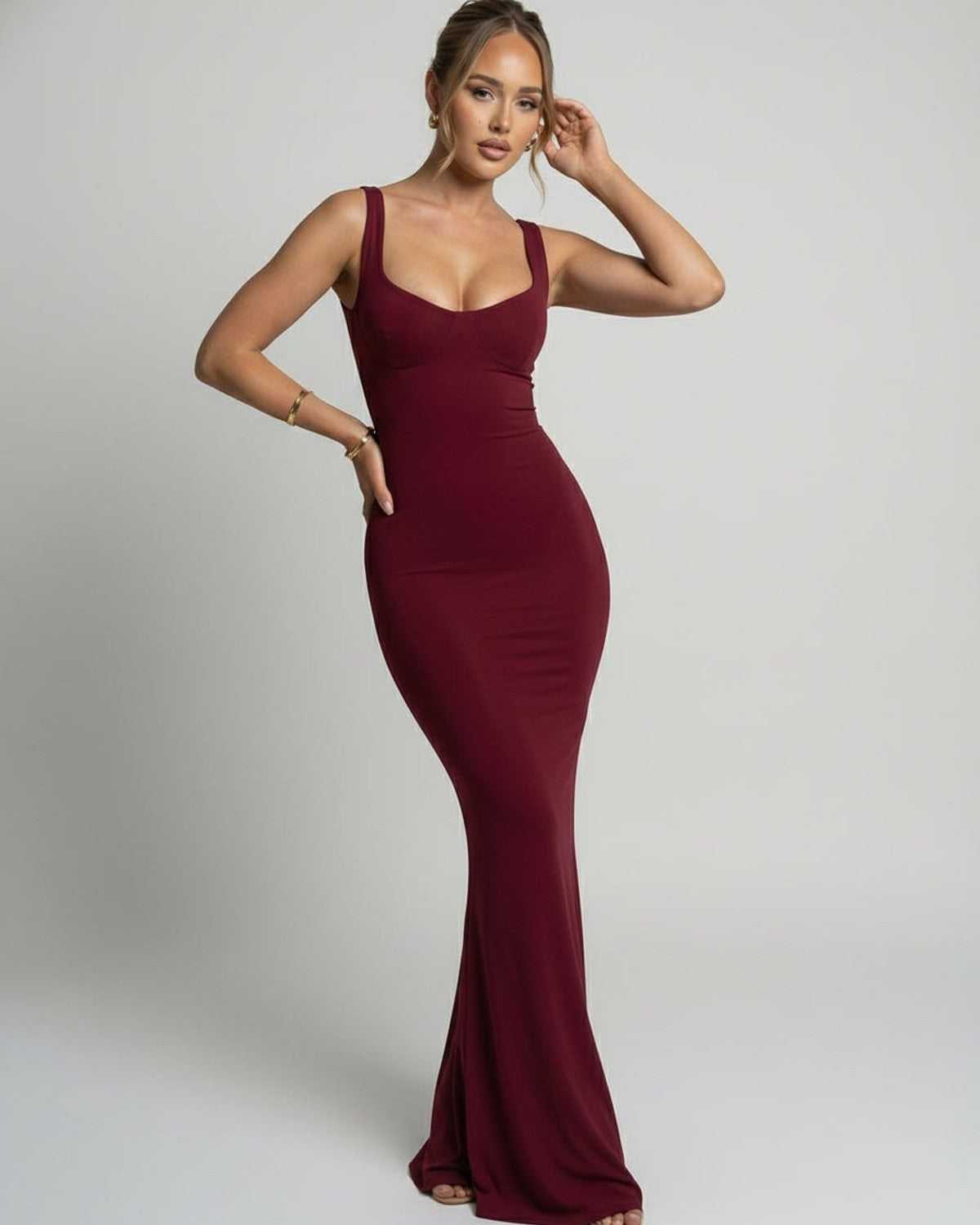 Valora Maxi Dress - Burgundy maxi dress with sleek slip silhouette, U-neck design, and body-skimming finish by Lauven.