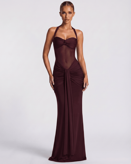 Valora Maxi Dress in burgundy, featuring a halter style, mesh panel, and mermaid silhouette by Lauven, showcasing elegance.
