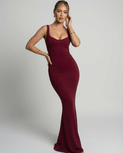 Valora Maxi Dress in burgundy with sleek slip silhouette and U-neck design by Lauven, showcasing elegant body-skimming fit.
