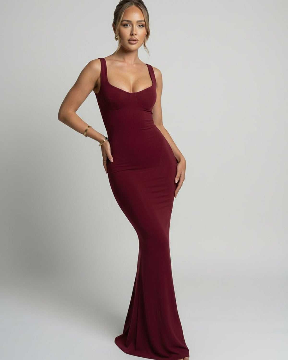 Valora Maxi Dress in burgundy, sleek slip silhouette with U-neck design, by Lauven, offering elegant style and comfort.