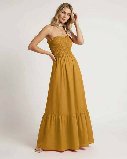 Valora Maxi Dress - Mustard Yellow Strapless Maxi Dress with Smocked Bodice by Lauven, perfect for summer styling.