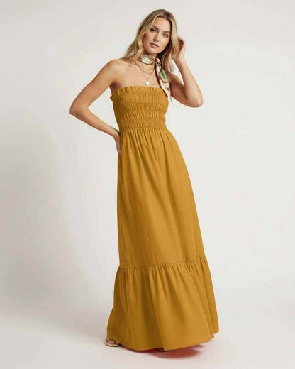Valora Maxi Dress by Lauven, mustard yellow strapless maxi with smocked bodice for a stylish summer look.