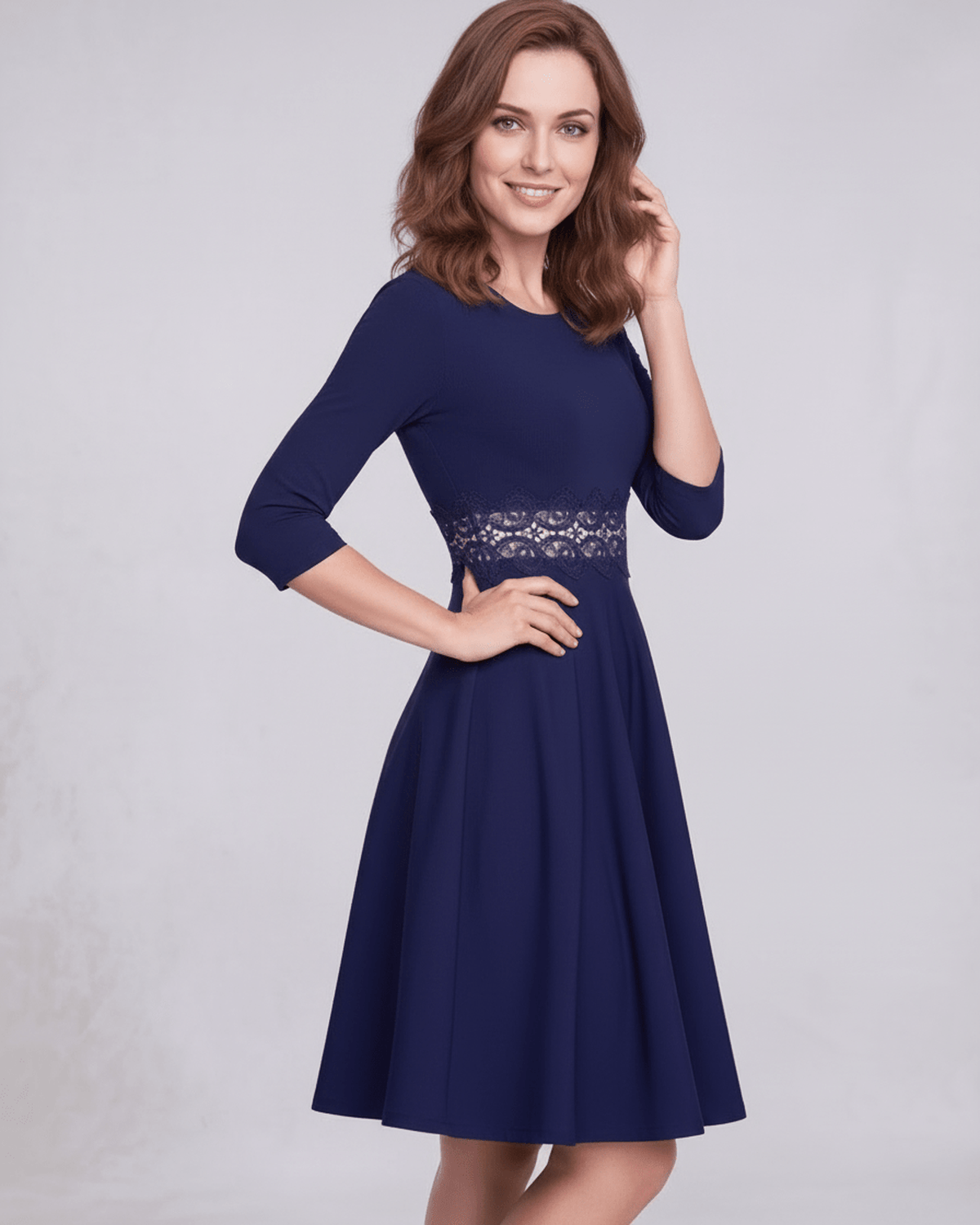 Valora Midi Dress featuring elegant A-Line silhouette, lace waist detail, long sleeves, by Lauven. Perfect for refined elegance.