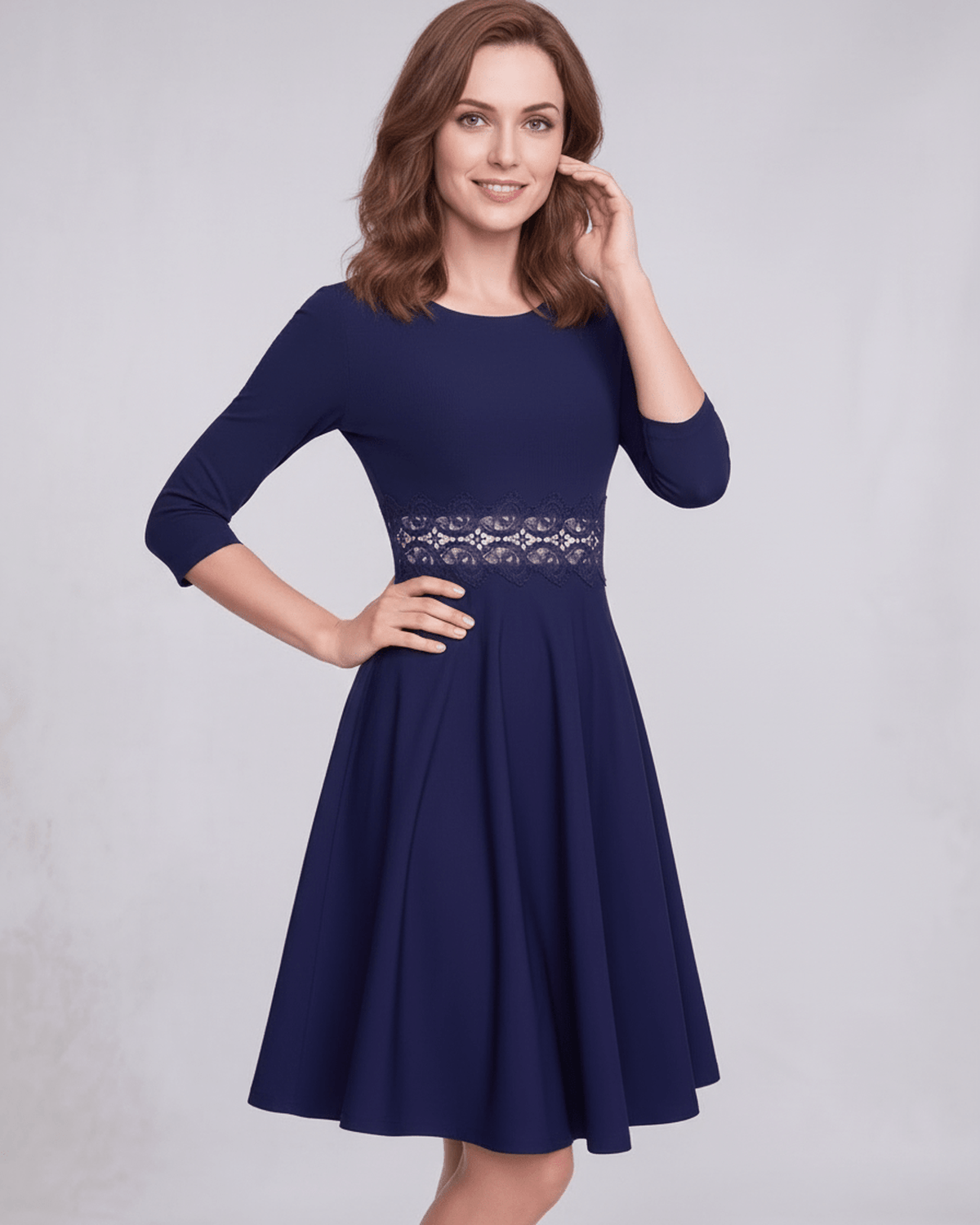 Valora Midi Dress - Women's elegant A-Line long sleeve dress with lace waist detail, by Lauven, highlighting femininity and comfort.