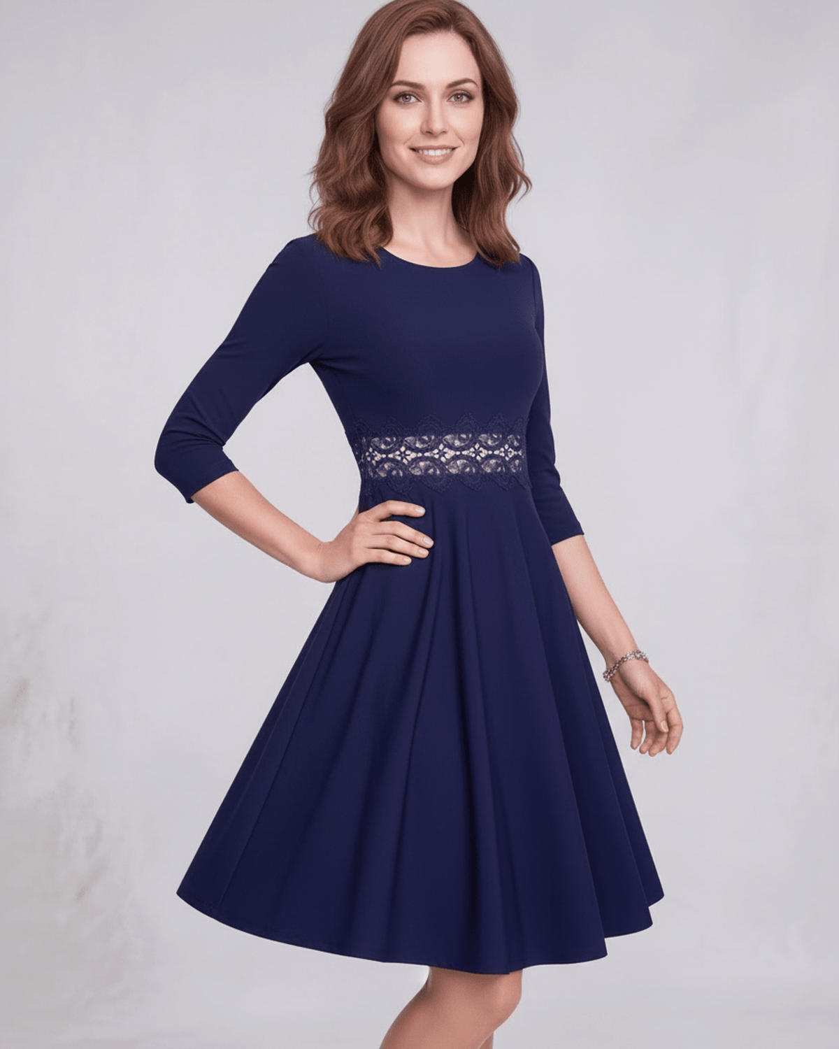 Valora Midi Dress - Elegant A-Line long sleeve design with lace waist detail by Lauven, perfect for refined sophistication.