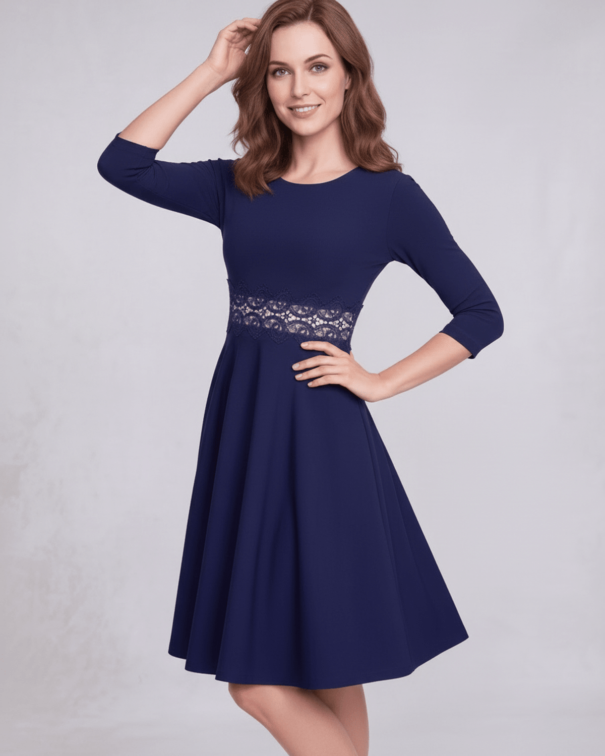 Valora Midi Dress - Elegant A-Line Long Sleeve with Lace Waist Detail by Lauven, emphasizing feminine elegance and comfort.