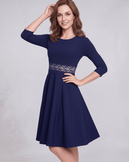 Valora Midi Dress - Elegant A-Line Long Sleeve with Lace Waist Detail by Lauven, emphasizing feminine elegance and comfort.