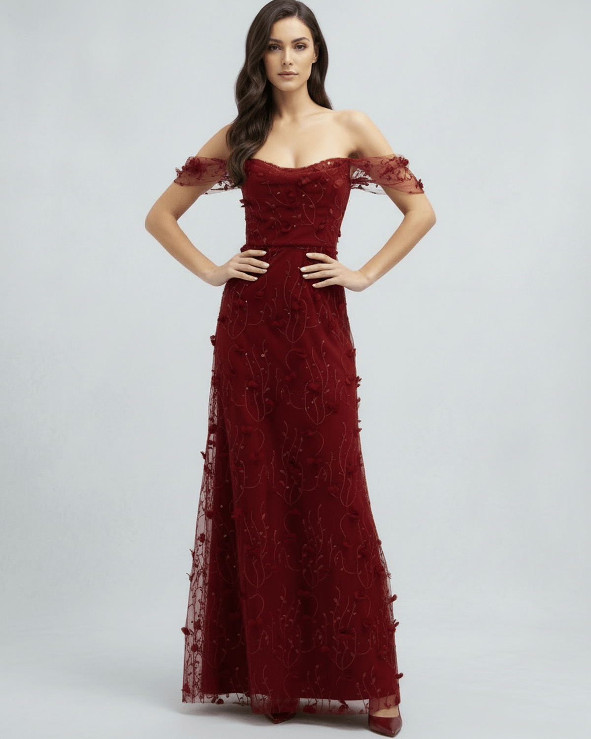 Valoria Maxi Dress - Red Lace Maxi Dress with Off Shoulder Tulle Sleeves from Lauven, perfect for formal occasions.