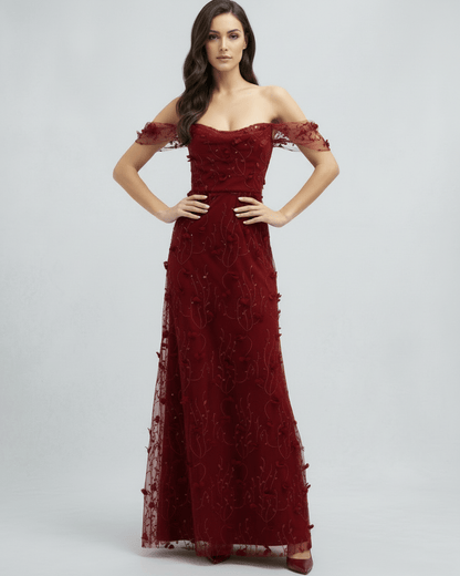 Valoria Maxi Dress - Red Lace Maxi Dress with Off Shoulder Tulle Sleeves from Lauven, perfect for formal occasions.