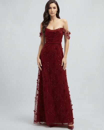 Valoria Maxi Dress - Red Lace Maxi Dress with Off Shoulder Tulle Sleeves by Lauven, perfect for formal occasions.