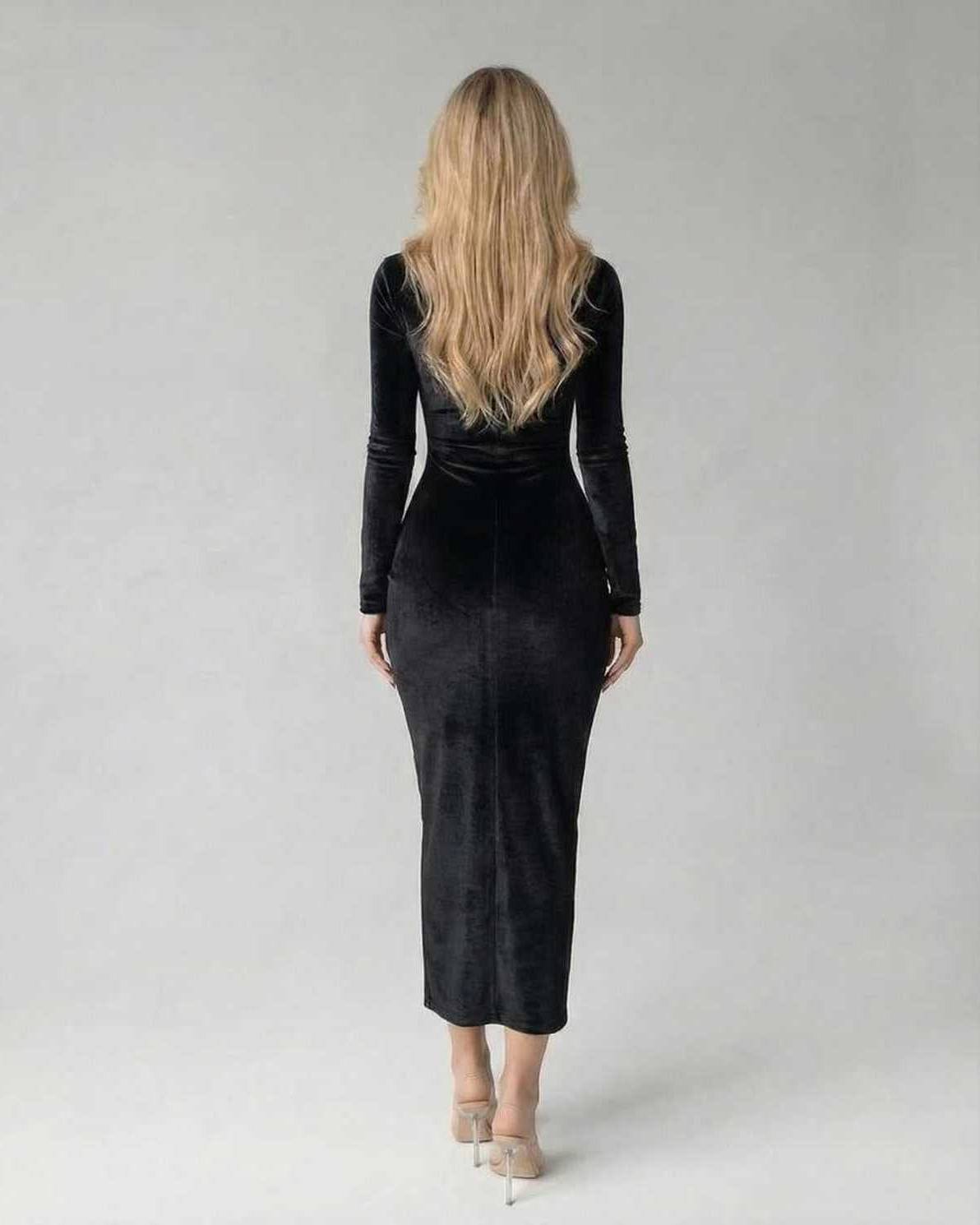 Vega Midi Dress by Lauven, elegant black velvet long sleeve dress for evening occasions.