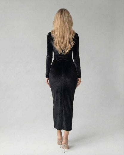 Vega Midi Dress by Lauven, elegant black velvet long sleeve dress for evening occasions.