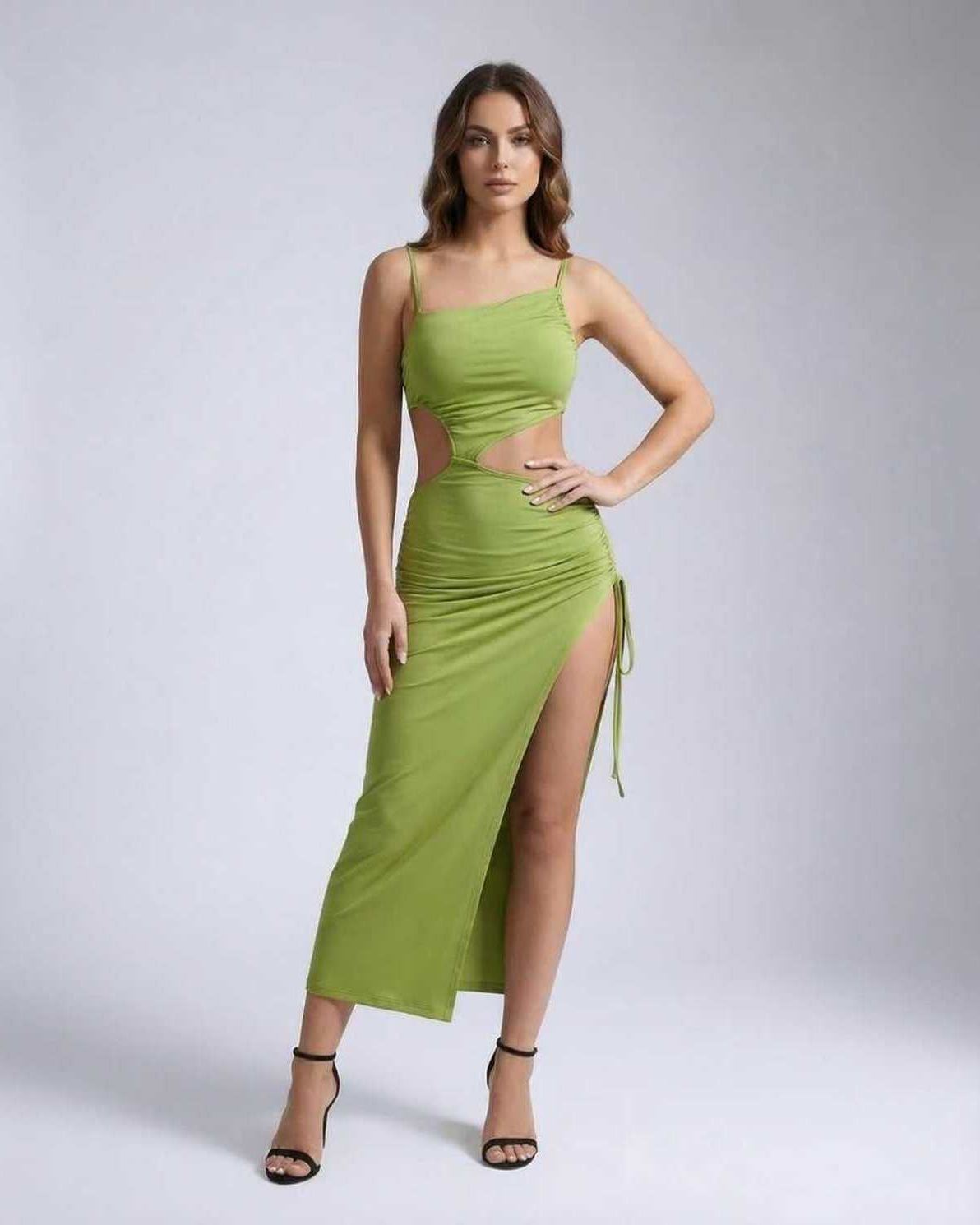 Vega Midi Dress featuring elegant hollow out and ruched details in green, perfect for evening events by Lauven.