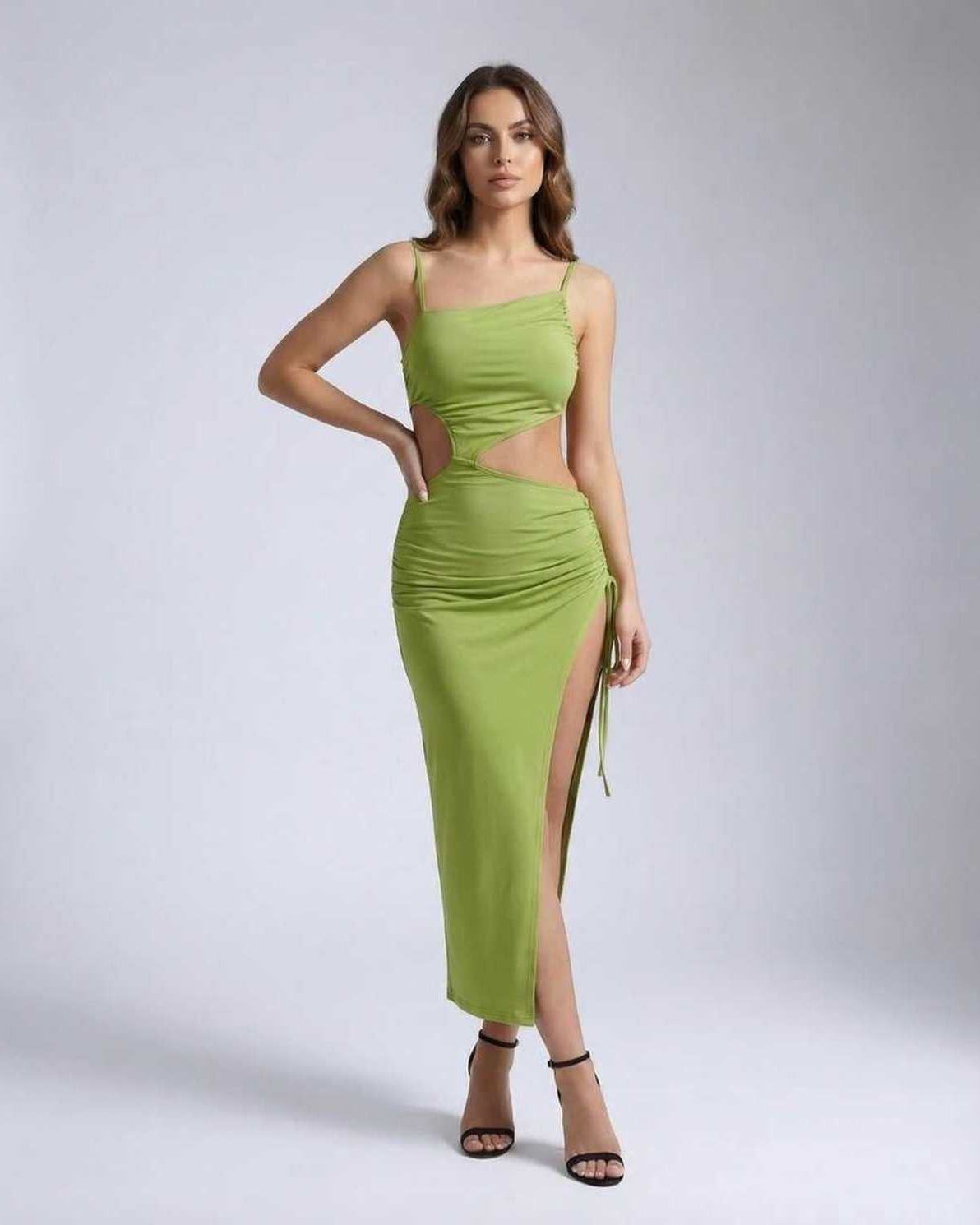 Vega Midi Dress showcasing elegant hollow out ruched detail in green for a sophisticated evening look by Lauven.