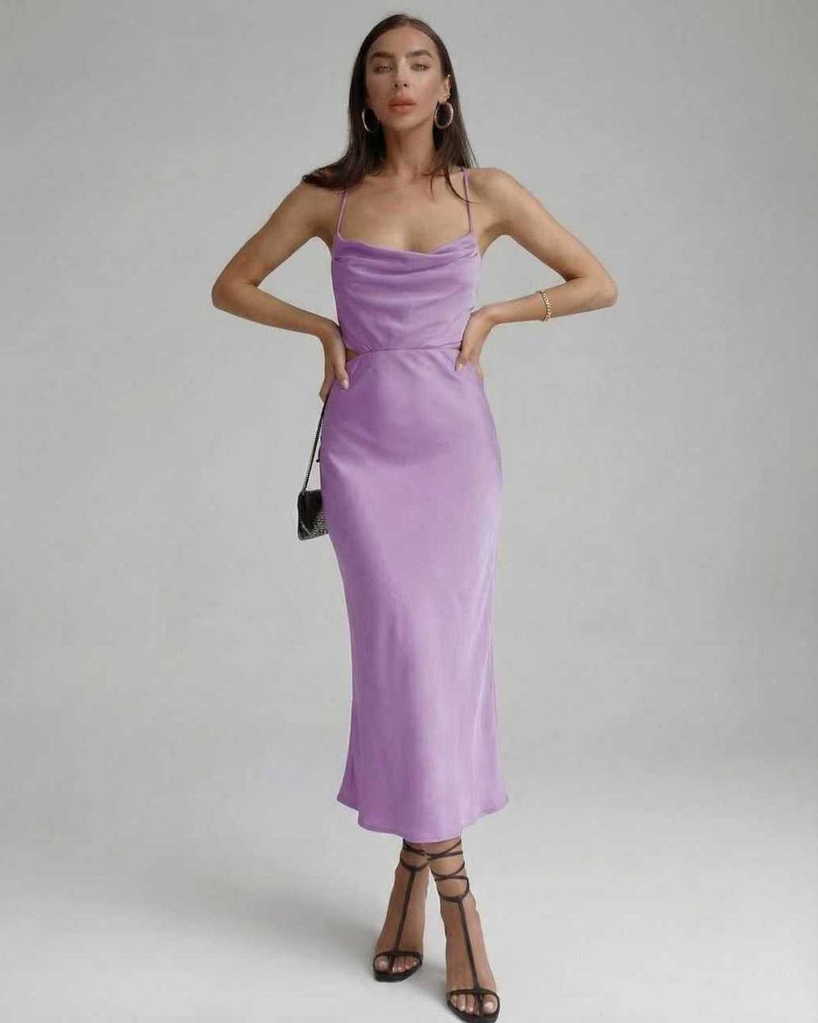 Vega Midi Dress featuring a lilac sleeveless silhouette, elegant cowl neckline, by Lauven for a sophisticated look.