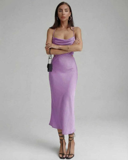 Vega Midi Dress - Elegant lilac sleeveless silhouette by Lauven, perfect for evening wear and special occasions.