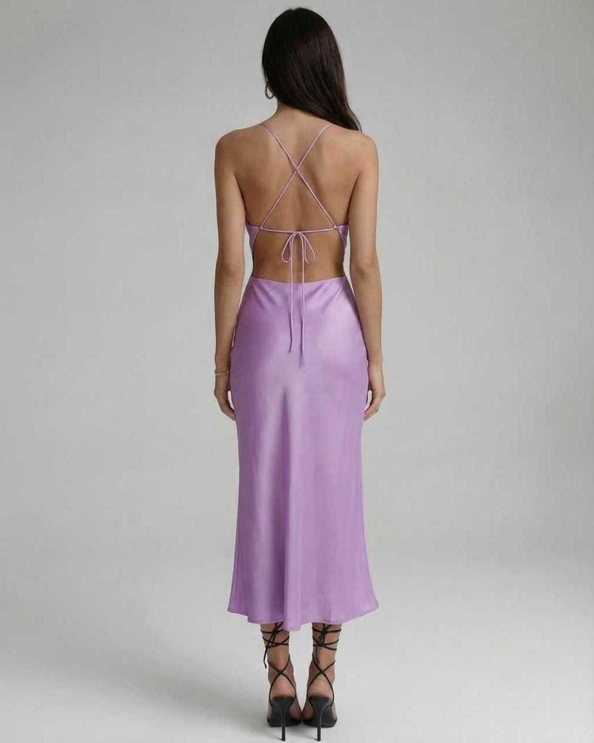Vega Midi Dress back view showcasing elegant lilac hue, sleeveless design, slim fit by Lauven.