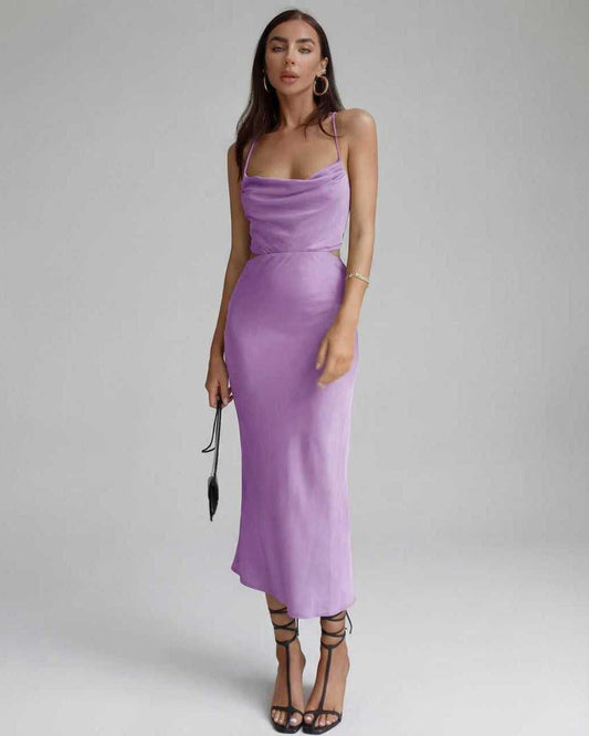 Vega Midi Dress in elegant lilac, sleeveless with cowl neckline, featuring a luxurious appeal for special occasions by Lauven.