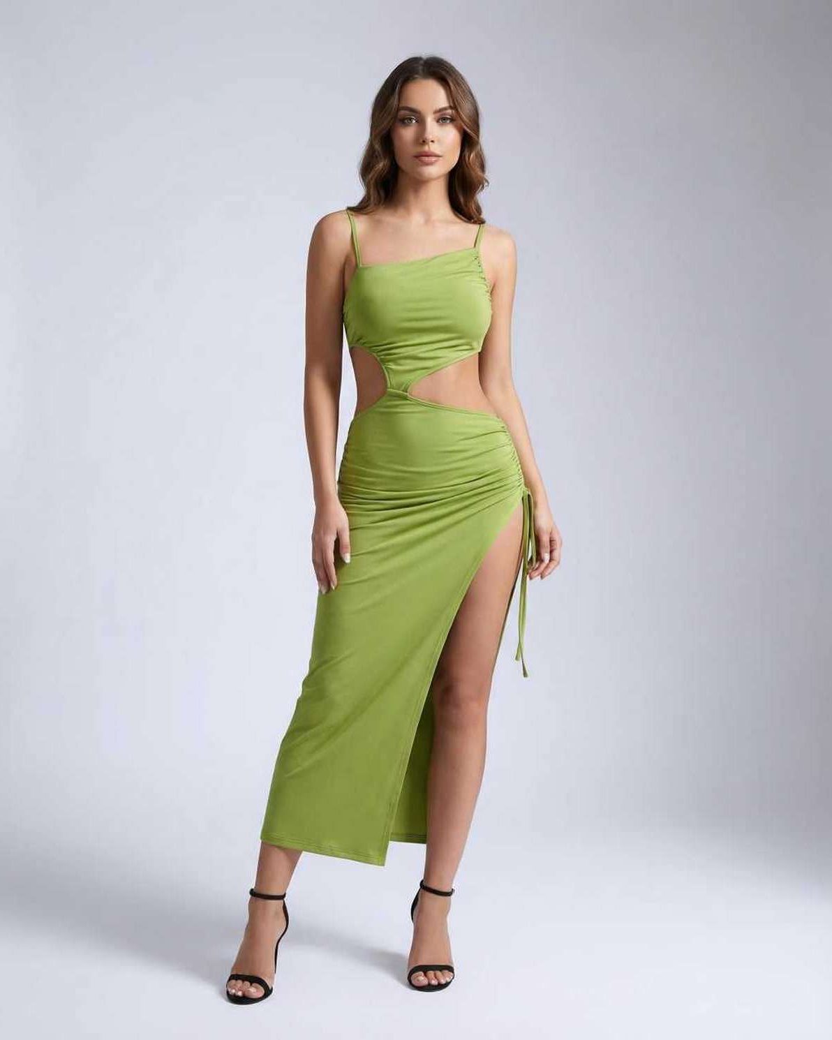Vega Midi Dress featuring elegant hollow out ruched detail, sophisticated cutouts by Lauven, perfect for cocktail parties.