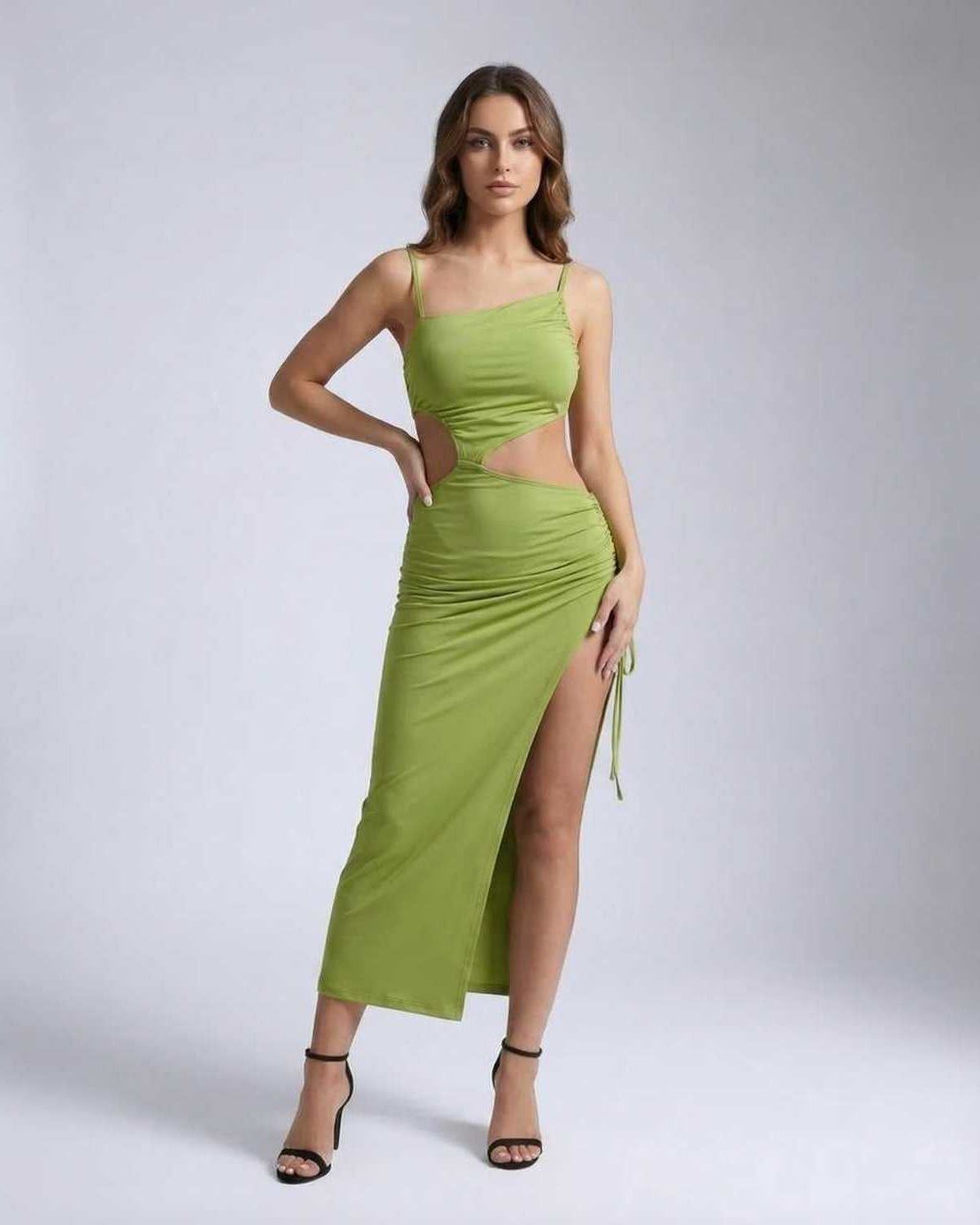 Vega Midi Dress featuring elegant hollow out ruched detail in green, perfect for evening events, by Lauven.