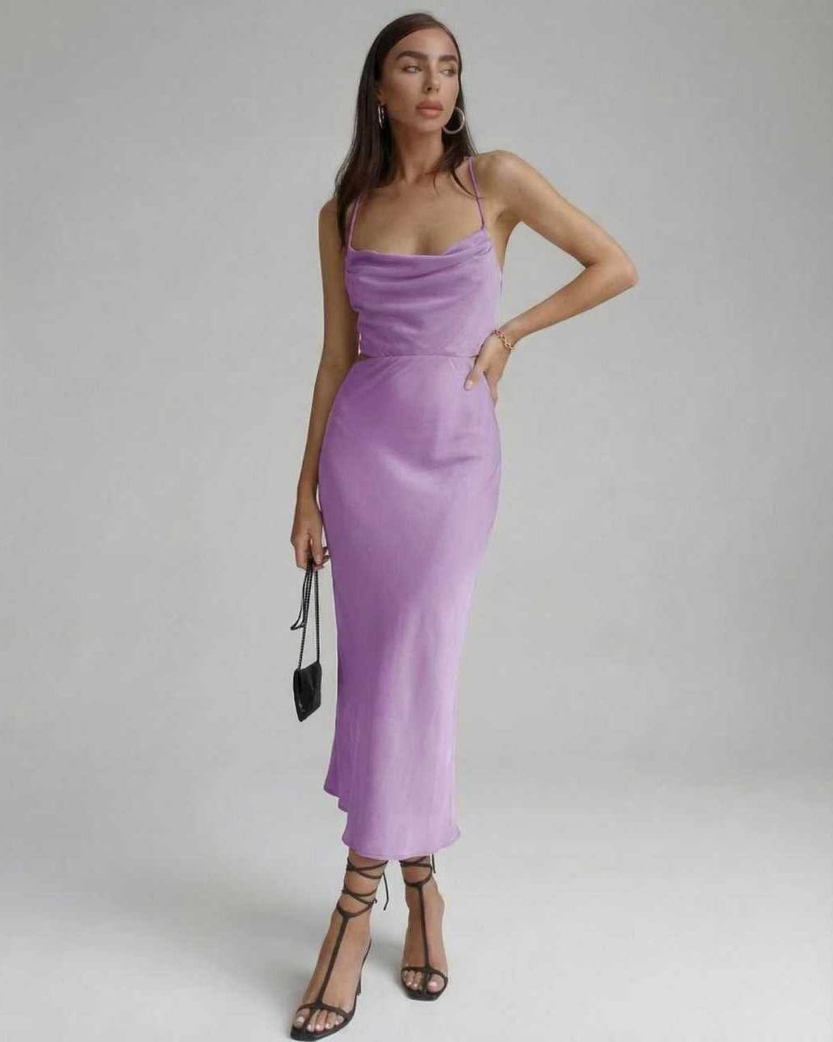 Vega Midi Dress featuring elegant sleeveless lilac silhouette, soft cowl neckline, from Lauven brand for sophisticated style.