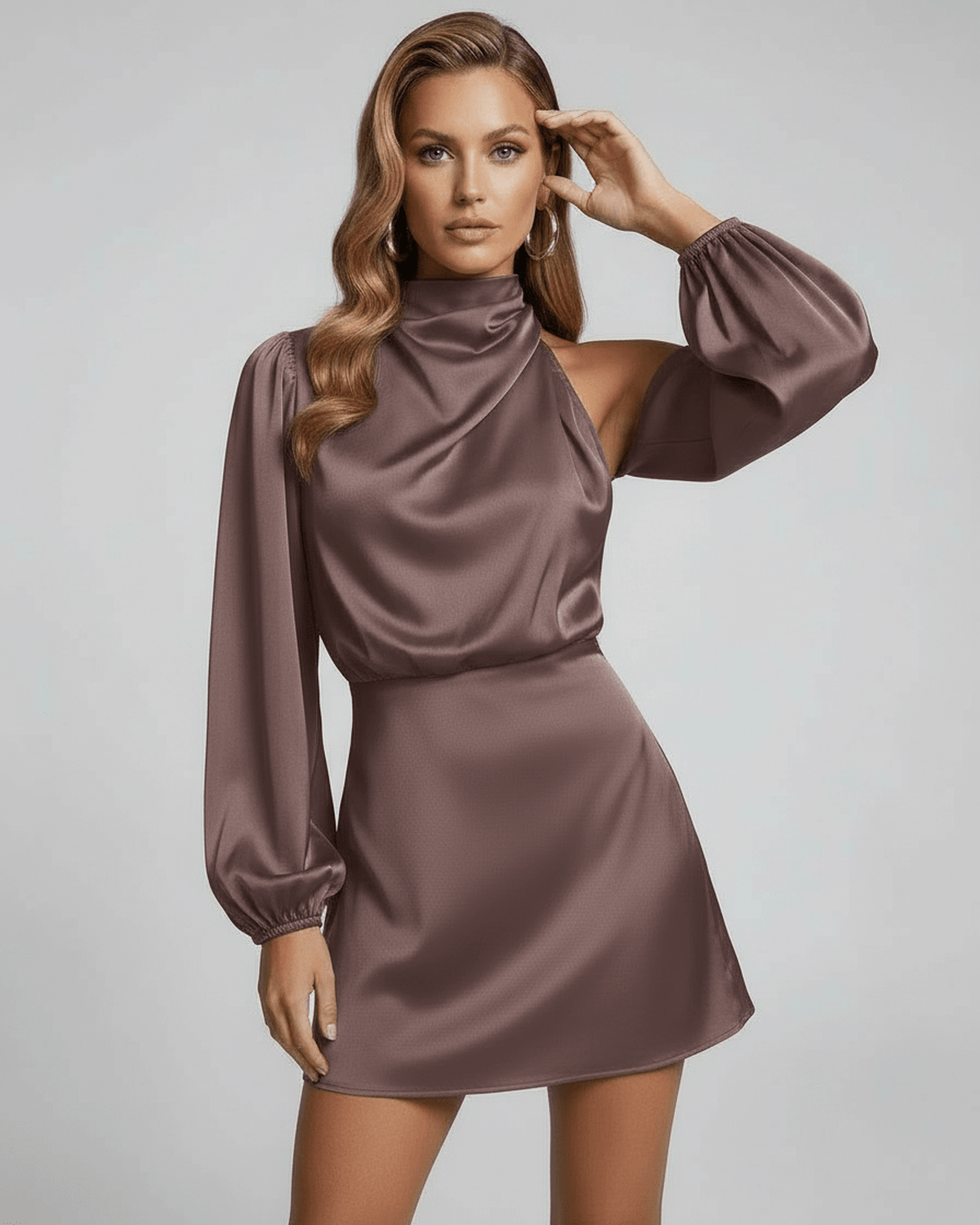 Vega Mini Dress by Lauven – Elegant one-shoulder satin mini dress in rich taupe showcasing smooth fabric and chic style.