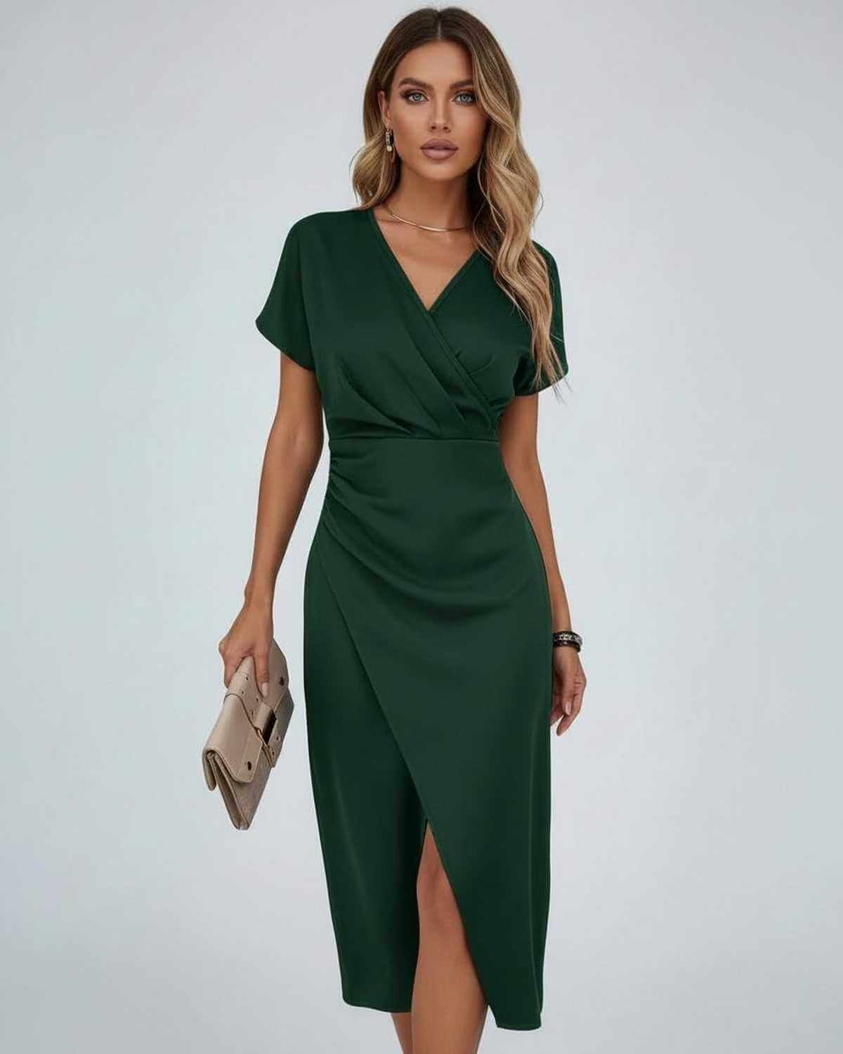 Vela Midi Dress by Lauven – Elegant dark green wrap dress with flattering silhouette and V-neckline.