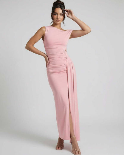 Velina Maxi Dress - Pink one shoulder design with ruched high waist and elegant slit, by Lauven.