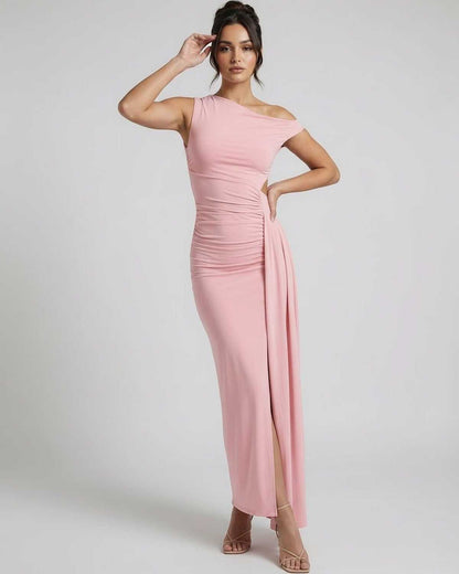 Velina Maxi Dress – Pink one shoulder dress with ruched high waist, elegant bodycon fit by Lauven.