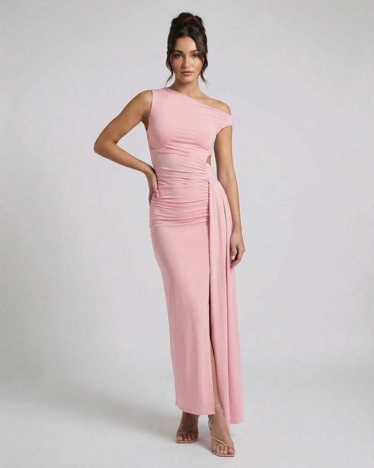 Velina Maxi Dress in pink, featuring one shoulder design, ruched high waist, and bodycon silhouette from Lauven.
