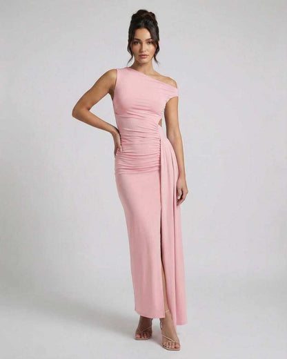 Velina Maxi Dress in pink, featuring one shoulder design, ruched high waist, and bodycon silhouette from Lauven.