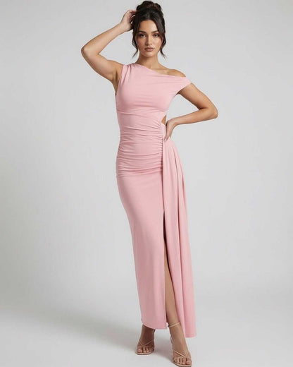 Velina Maxi Dress in pink, featuring a one shoulder design, ruched high waist, and elegant slit, by Lauven.
