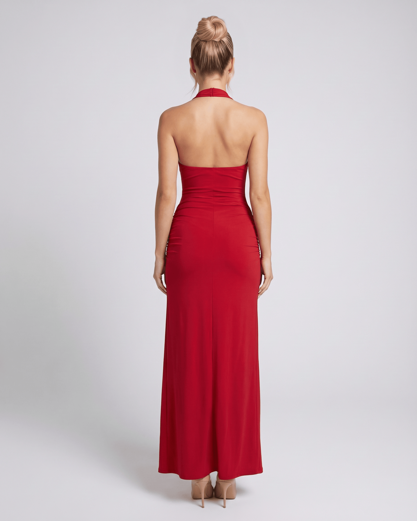 Back view of the Lauven Velisse Maxi Dress, a stunning red maxi dress with a halter top and smooth stretch jersey.
