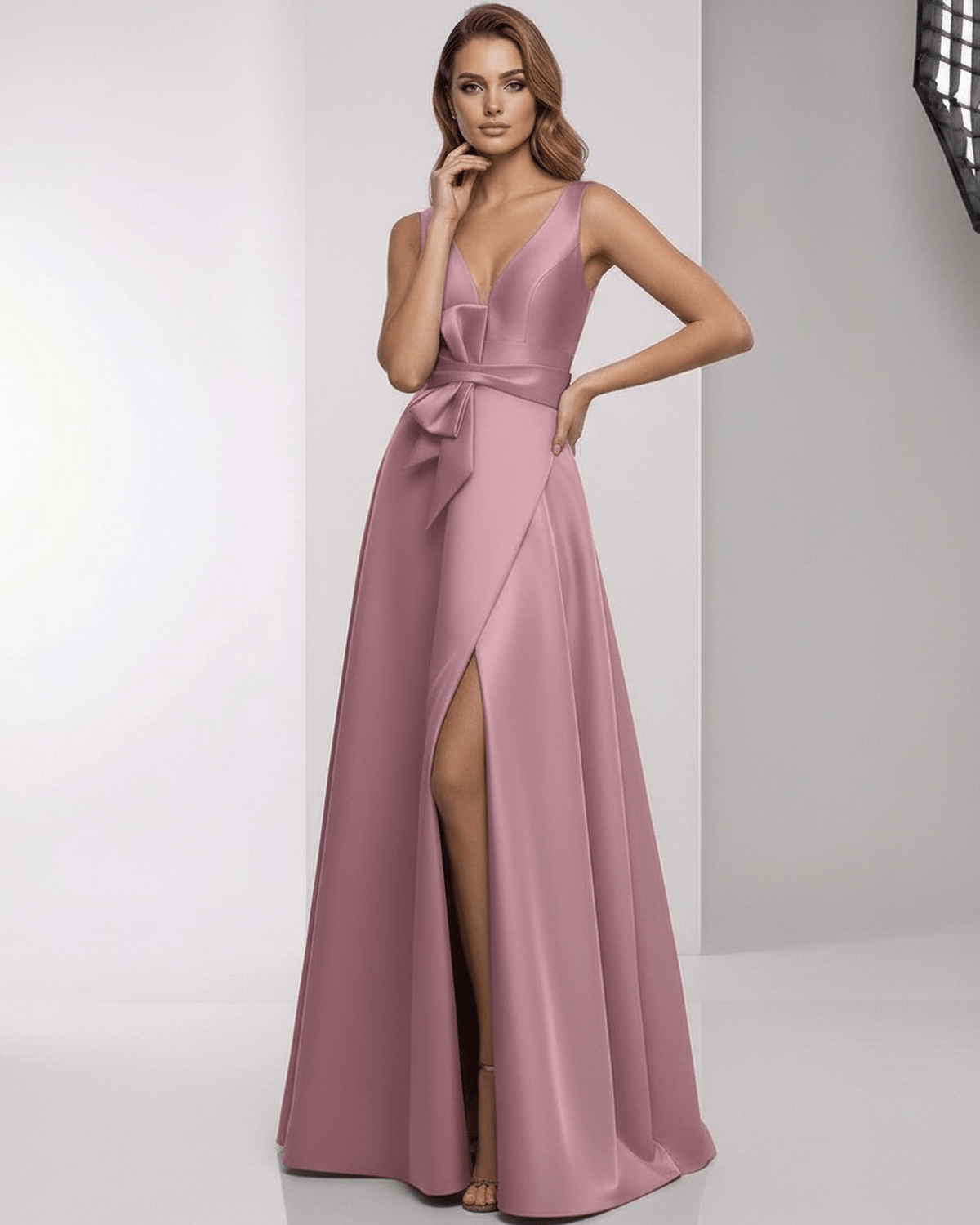 Velmira Maxi Dress featuring dusty rose satin, A-line silhouette, V-neck, elegant design by Lauven.